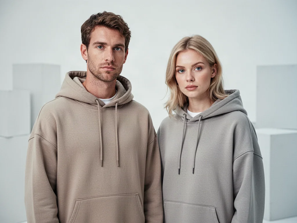 Kobieta i mężczyzna w identycznych bluzach typu oversize w neutralnych kolorach, prezentujący styl unisex.