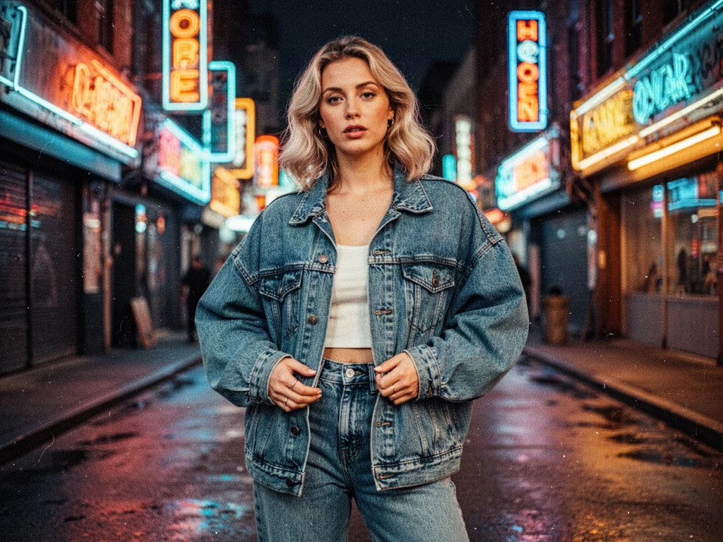 Kobieta w stylizacji lat 90. z oversizową kurtką jeansową i spodniami typu mom jeans na tle neonowej ulicy.