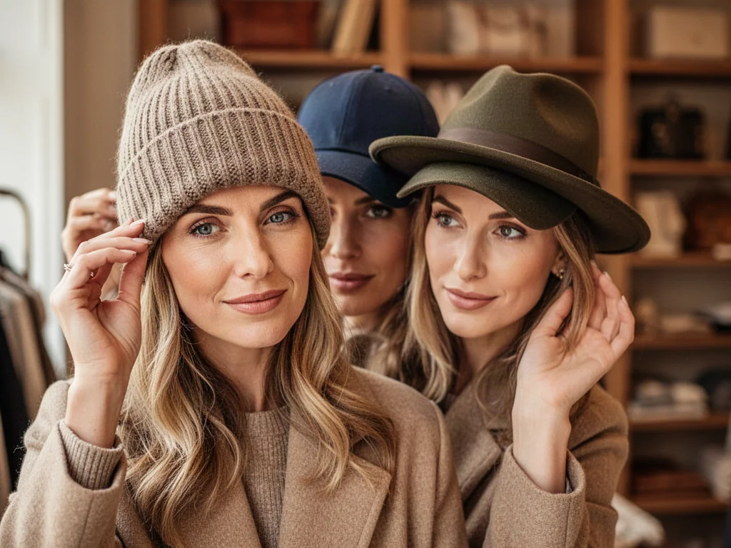 Stylowa kobieta przymierza różne rodzaje czapek, od wełnianej beanie po klasyczną bejsbolówkę, w przytulnym wnętrzu butiku.