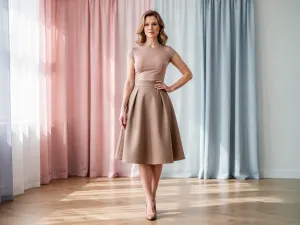 Kobieta w granatowej marynarce i kardiganie na tle biblioteki, prezentująca klasyczny styl preppy.