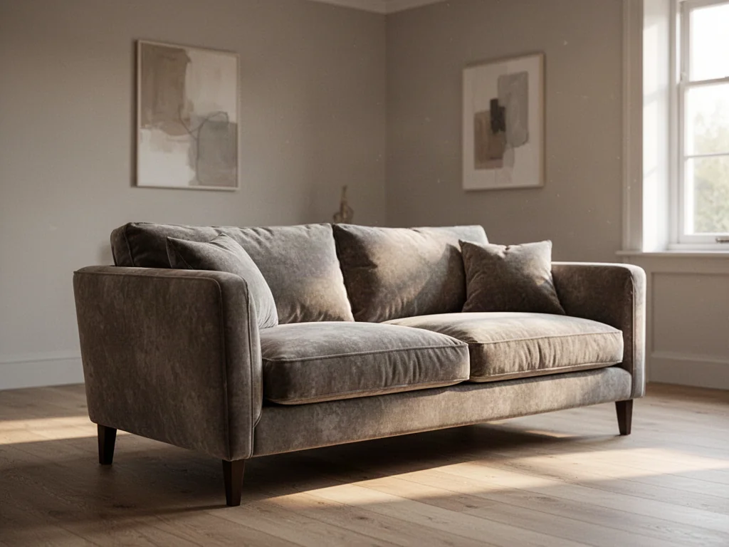 Elegancki salon z welurową sofą w odcieniu taupe, utrzymany w przytulnej, monochromatycznej kolorystyce.