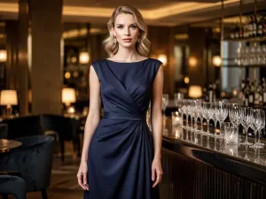 Elegancki mężczyzna w granatowym garniturze w ogrodowej scenerii, prezentujący klasyczną stylizację na wesele.