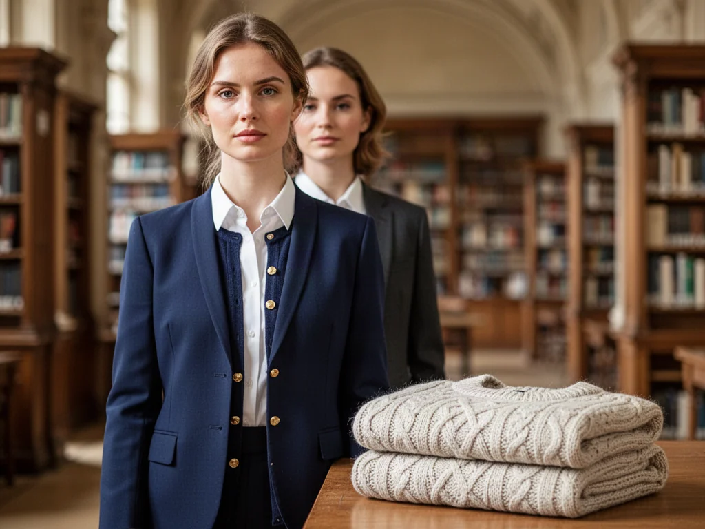 Kobieta w granatowej marynarce i kardiganie na tle biblioteki, prezentująca klasyczny styl preppy.